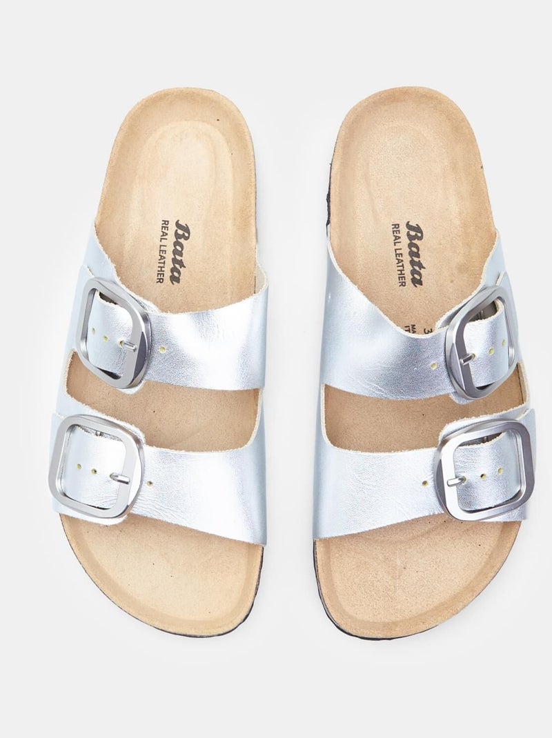 Babouche  en cuir Bata Argent - Kiabi