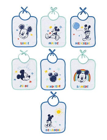 Babycalin - 7 bavoirs naissance Mickey Cool - Bavoir jour de la semaine à lacets 20x25 cm