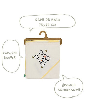 Babycalin - Cape de bain bébé Winnie Hunny Time - Sortie de bain bébé 75x75 cm