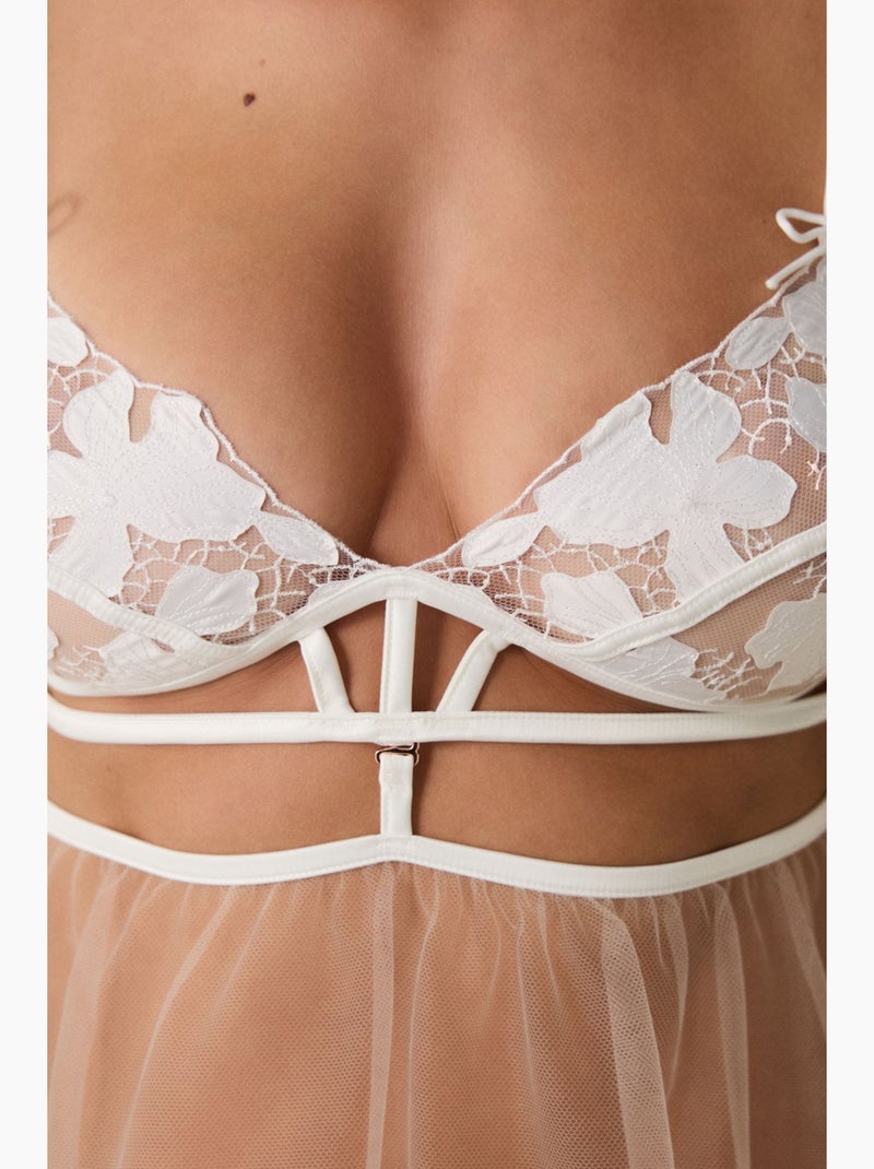 Babydoll de trousseau à broderie cassée, brodée, fleurie, à armatures penti Blanc - Kiabi