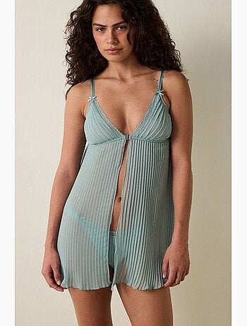 Babydoll en mousseline rayée, plissé, sans armatures penti