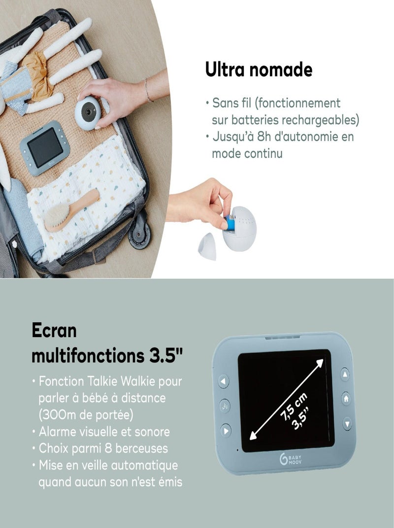 Babyphone vidéo nomade, grand écran, rechargeable Yoo Roll 'Babymoov' Bleu clair - Kiabi