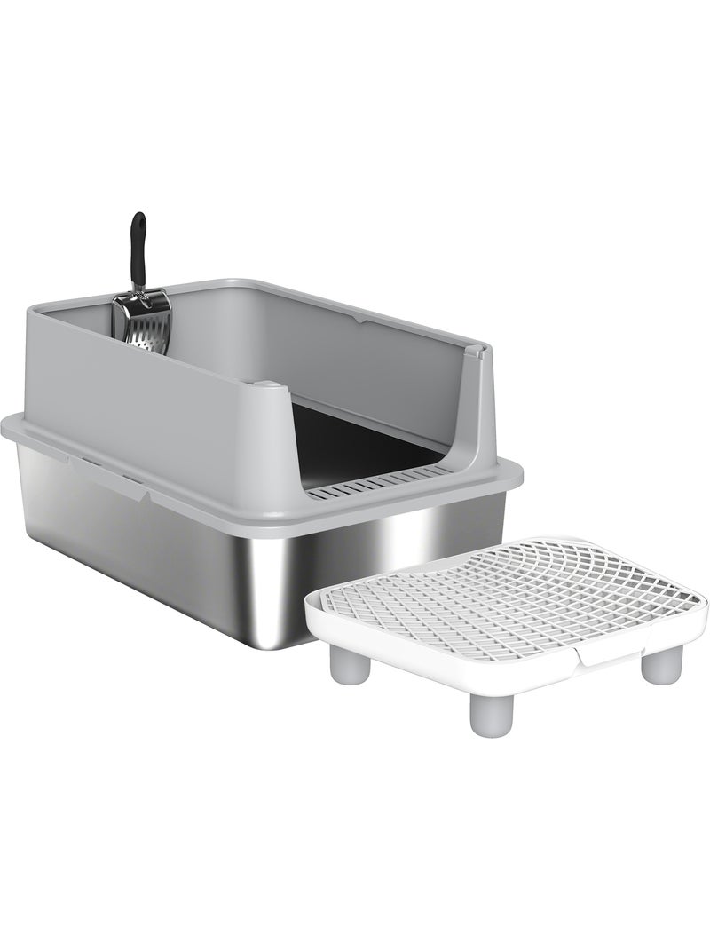 Bac à litière acier inox parois hautes pédale tapis filtrants anti-dispersion pelle Gris - Kiabi