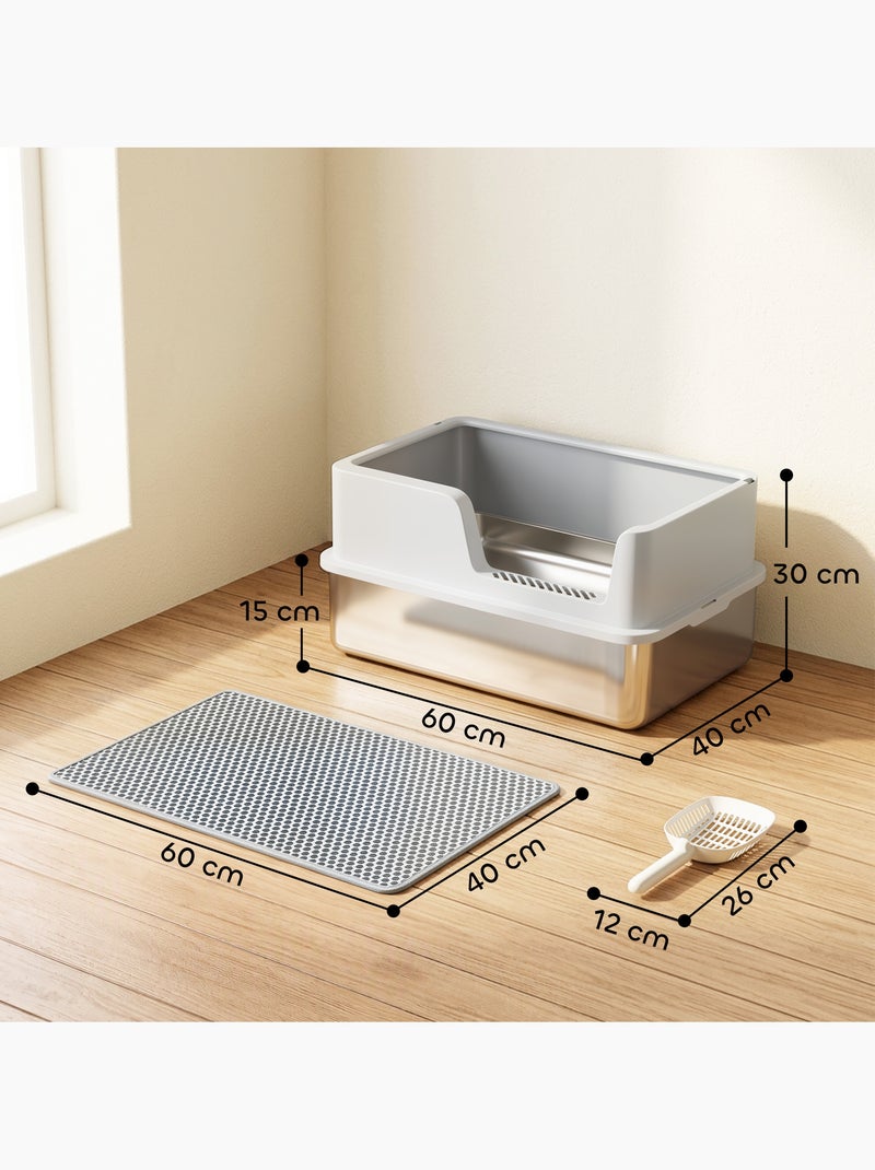 Bac à litière chat acier inox hauts rebords avec accessoires Gris - Kiabi
