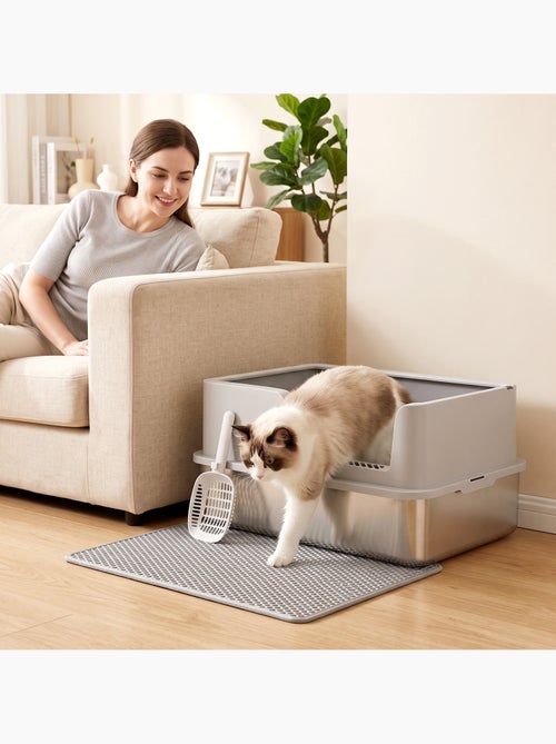 Bac à litière chat acier inox hauts rebords avec accessoires - Kiabi Bac à litière chat acier inox hauts rebords avec accessoires - Kiabi