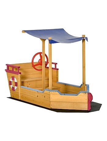 Bac à sable bateau de pirate en bois avec voile d'ombrage