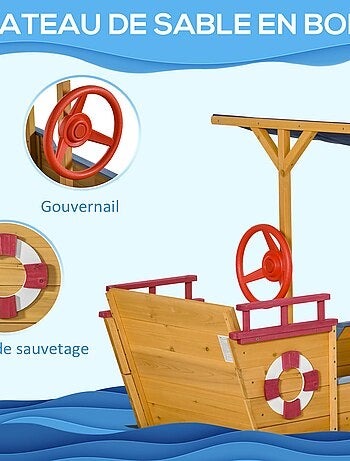 Bac à sable bateau de pirate en bois avec voile d'ombrage