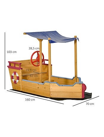 Bac à sable bateau de pirate en bois avec voile d'ombrage