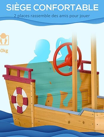 Bac à sable bateau de pirate en bois avec voile d'ombrage
