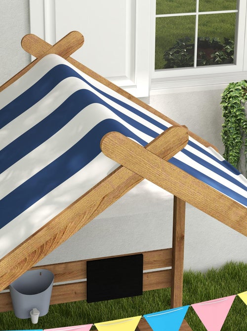 Bac à sable bois forme de maison auvent 2 bacs évier tableau noir fanions - Kiabi