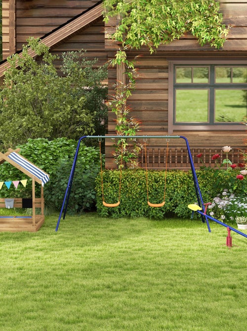 Bac à sable bois forme de maison auvent 2 bacs évier tableau noir fanions - Kiabi