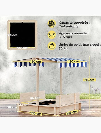 Bac à sable carré en bois pour enfant bancs couvercle auvent réglable