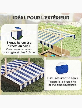 Bac à sable carré en bois pour enfant bancs couvercle auvent réglable
