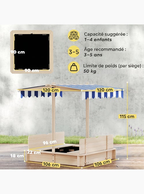 Bac à sable carré en bois pour enfant bancs couvercle auvent réglable - Kiabi