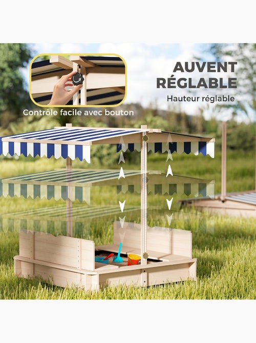 Bac à sable carré en bois pour enfant bancs couvercle auvent réglable - Kiabi