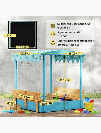 Bac à sable enfant couvercle siège auvent bois