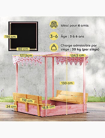 Bac à sable enfant couvercle siège auvent bois
