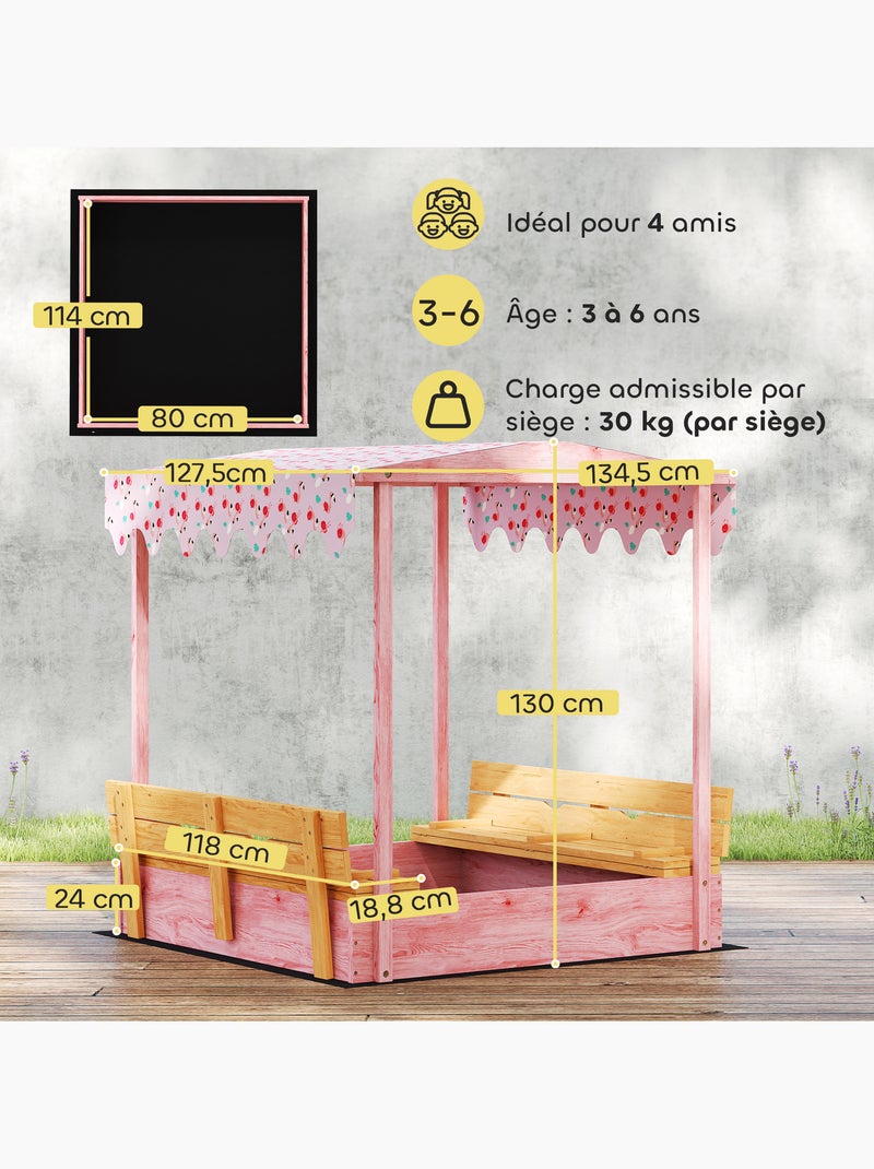 Bac à sable enfant couvercle siège auvent bois Rose - Kiabi