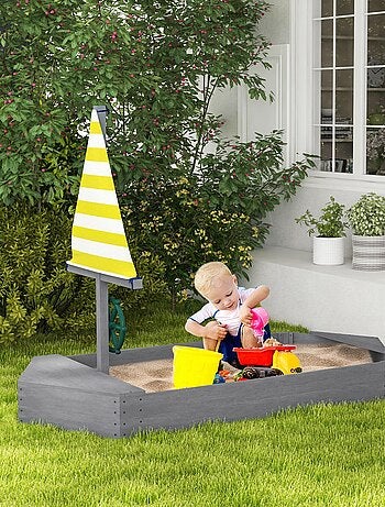 Bac à sable enfant design bateau - voile, gouvernail - bois gris