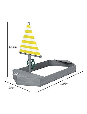 Bac à sable enfant design bateau - voile, gouvernail - bois gris