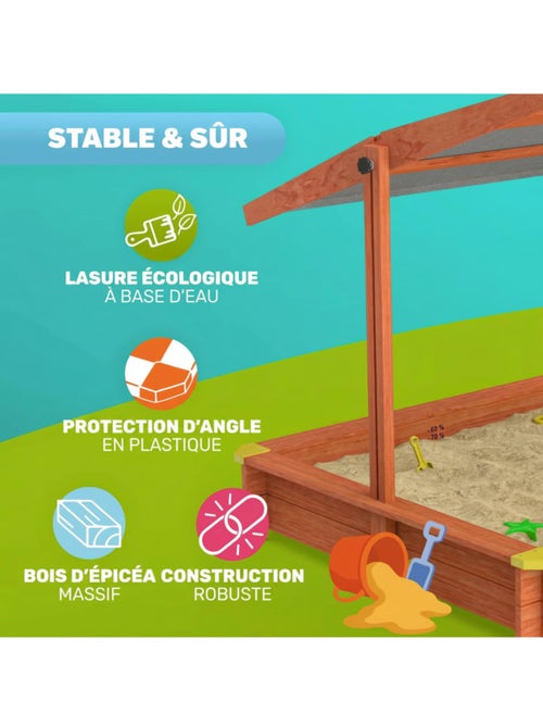 Bac à sable Max 140x140 cm en bois avec toit UV50 - Kiabi Bac à sable Max 140x140 cm en bois avec toit UV50 - Kiabi