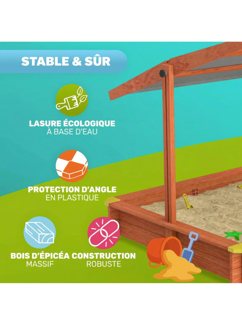 Bac à sable Max 140x140 cm en bois avec toit UV50 N/A - Kiabi