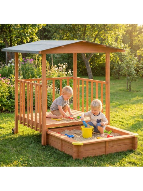 Bac à sable Merle 133x127 cm en bois avec toit UV50 - Kiabi