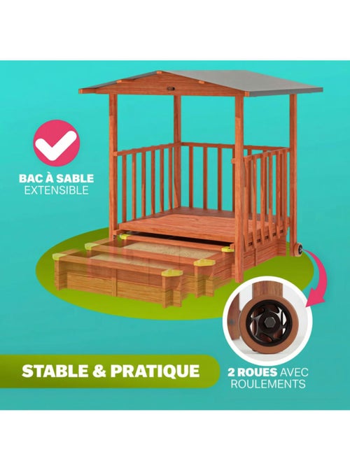 Bac à sable Merle 133x127 cm en bois avec toit UV50 - Kiabi