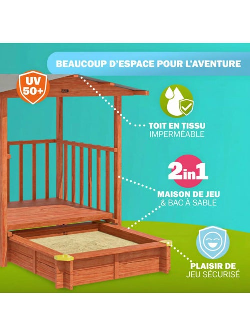 Bac à sable Merle 133x127 cm en bois avec toit UV50 - Kiabi