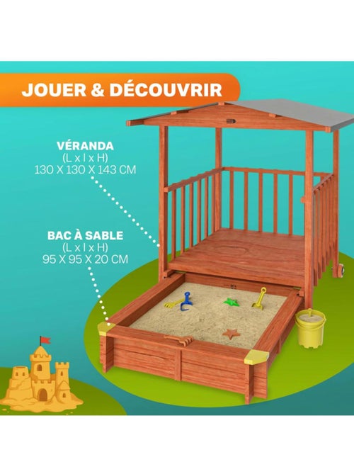 Bac à sable Merle 133x127 cm en bois avec toit UV50 - Kiabi
