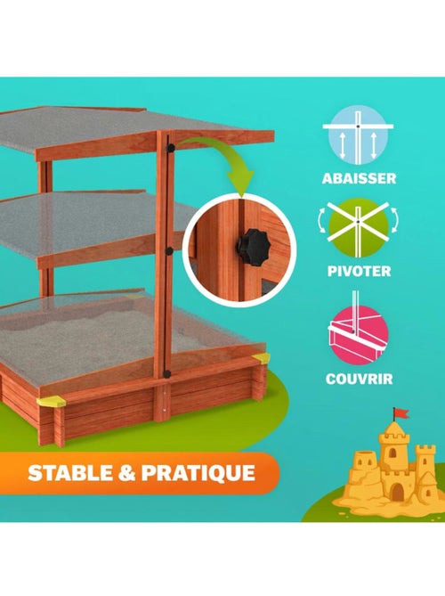 Bac à sable Sami 120x120 cm en bois avec toit UV50 - Kiabi