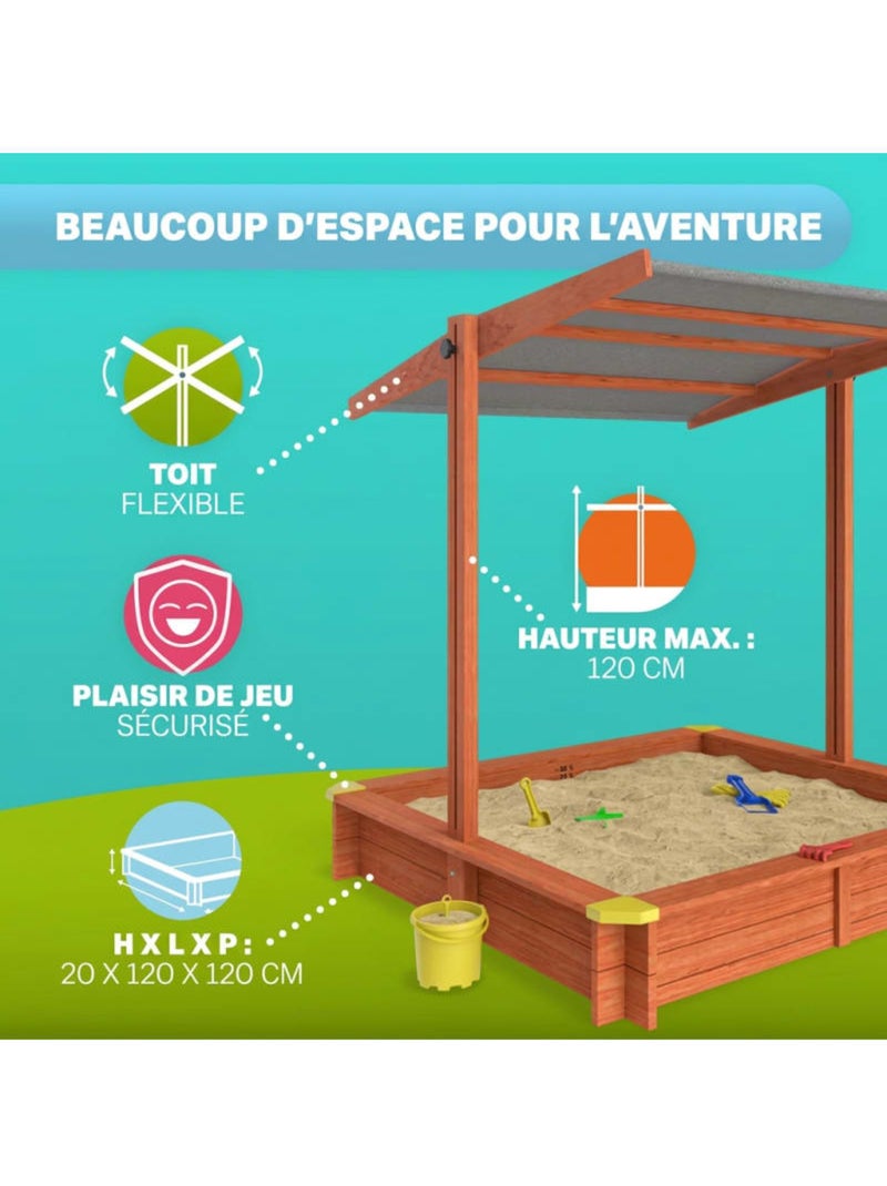 Bac à sable Sami 120x120 cm en bois avec toit UV50 N/A - Kiabi