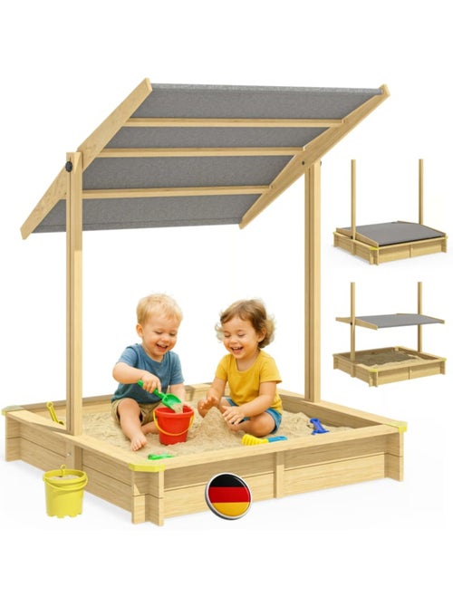 Bac à sable Samu 120x120 cm en bois avec toit UV50 - Kiabi