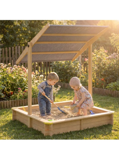 Bac à sable Samu 120x120 cm en bois avec toit UV50 - Kiabi