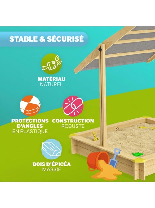 Bac à sable Samu 120x120 cm en bois avec toit UV50 - Kiabi