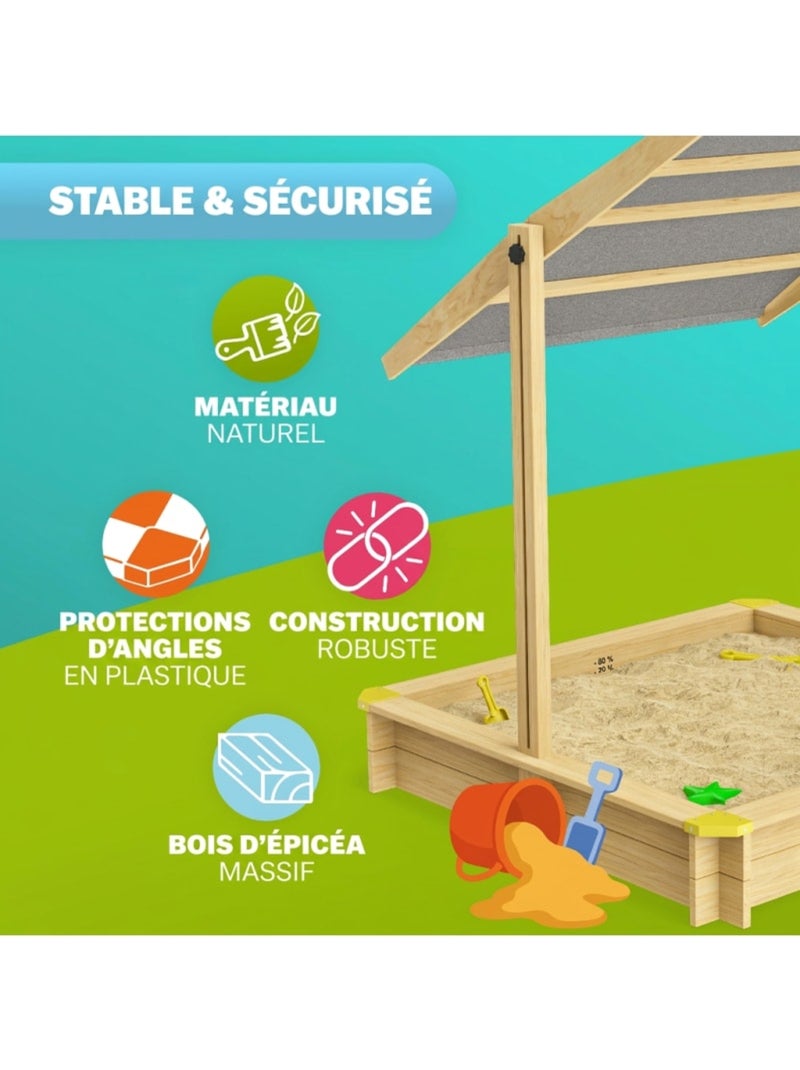 Bac à sable Samu 120x120 cm en bois avec toit UV50 N/A - Kiabi