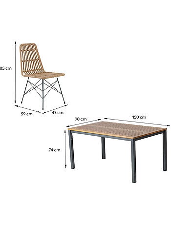 BAGO Salon de jardin 6 places avec table en bois naturel et chaises en résine tressée