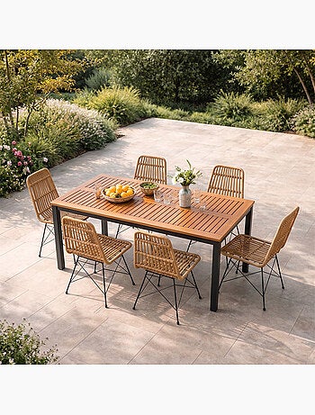 BAGO Salon de jardin 6 places avec table en bois naturel et chaises en résine tressée