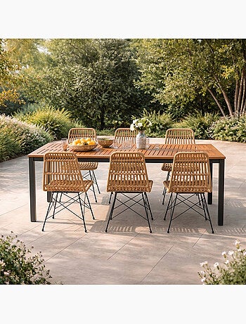 BAGO Salon de jardin 6 places avec table en bois naturel et chaises en résine tressée