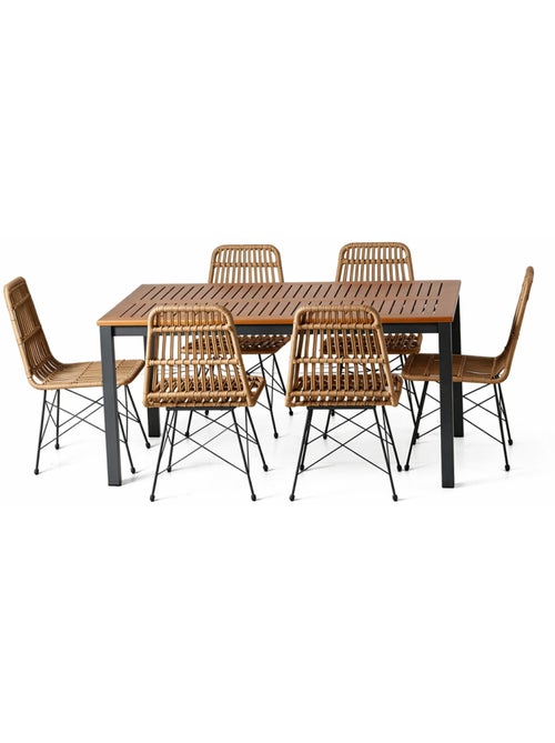 BAGO Salon de jardin 6 places avec table en bois naturel et chaises en résine tressée - Kiabi BAGO Salon de jardin 6 places avec table en bois naturel et chaises en résine tressée - Kiabi