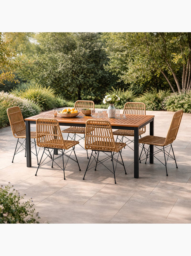 BAGO Salon de jardin 6 places avec table en bois naturel et chaises en résine tressée Marron - Kiabi