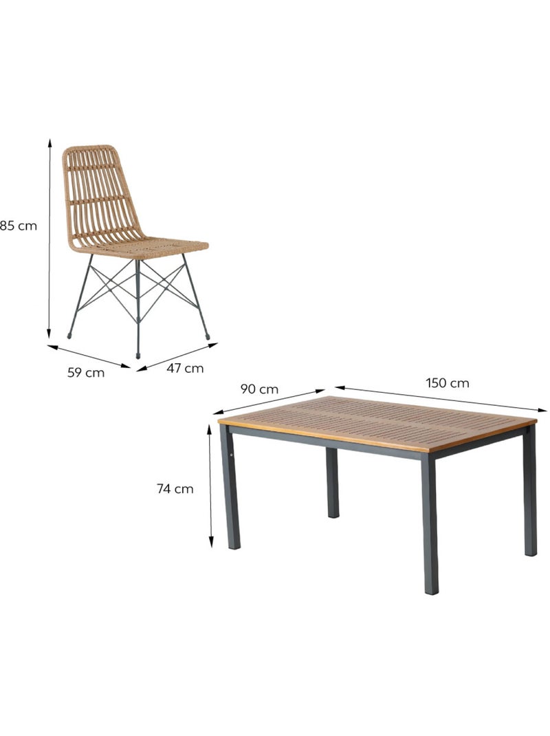 BAGO Salon de jardin 6 places avec table en bois naturel et chaises en résine tressée Marron - Kiabi