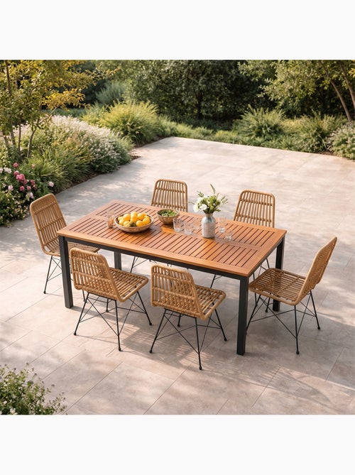 BAGO Salon de jardin 6 places avec table en bois naturel et chaises en résine tressée - Kiabi BAGO Salon de jardin 6 places avec table en bois naturel et chaises en résine tressée - Kiabi