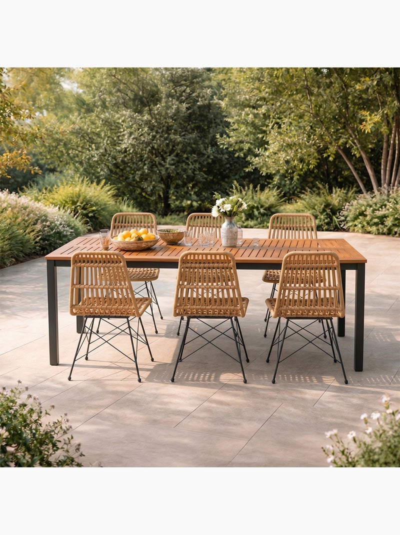 BAGO Salon de jardin 6 places avec table en bois naturel et chaises en résine tressée Marron - Kiabi