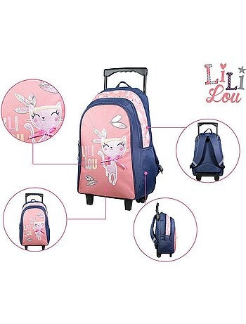 BAGTROTTER Sac à dos à roulettes Lili Lou Chat Rose