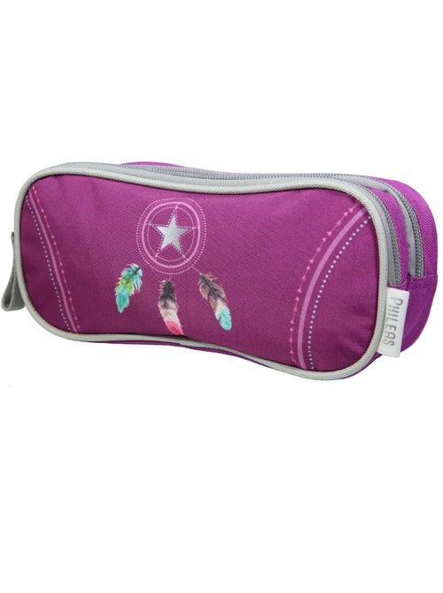 BAGTROTTER Trousse scolaire 2 compartiments Phileas Attrape Rêve Plumes Violette - Kiabi