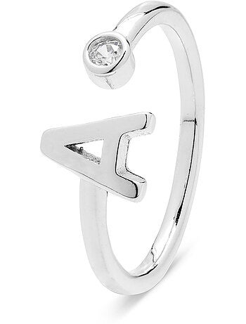 Bague en argent sterling 925 avec finition brillante en zircone Rhodium - lettre alphabet A