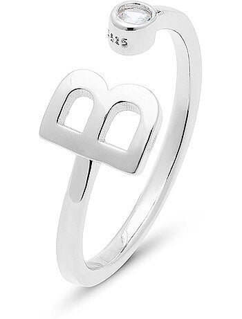 Bague en argent sterling 925 avec finition brillante en zircone Rhodium - lettre B de l’alphabet