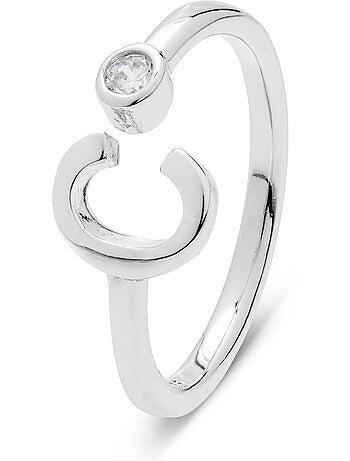 Bague en argent sterling 925 avec finition brillante en zircone Rhodium - lettre de l’alphabet C