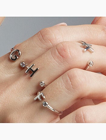 Bague en argent sterling 925 avec finition brillante en zircone Rhodium - lettre de l’alphabet G